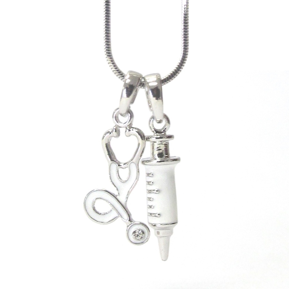 RN Nurse or Doctor Necklace White Gold Plated
